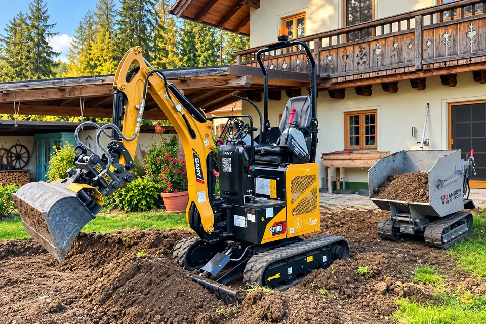 Minibagger hebt im Garten vor einem Haus mit Holzbalkon Erde aus, daneben ein Raupendumper
